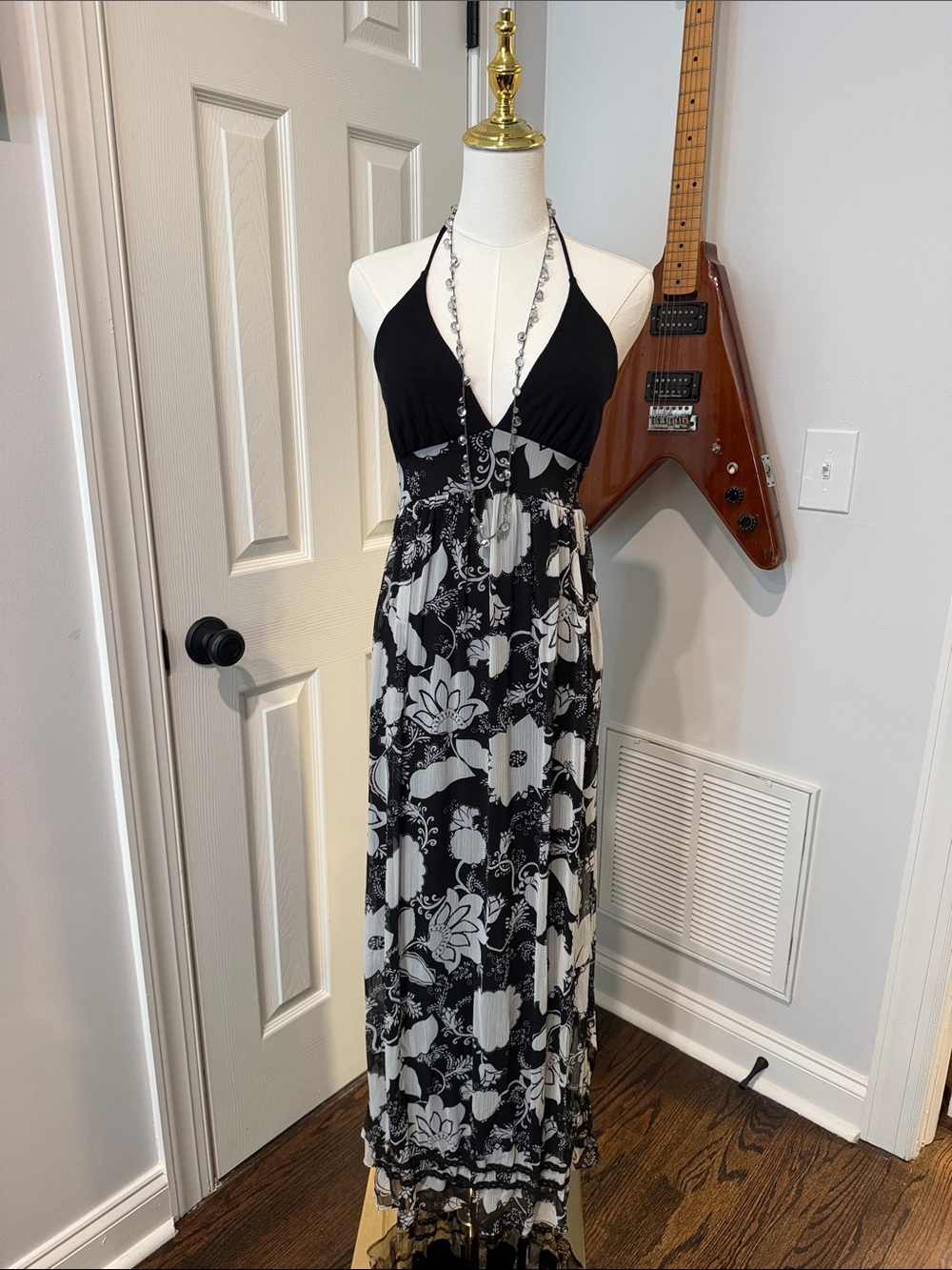Alyn Paige Black & White Floral Halter Maxi Dress